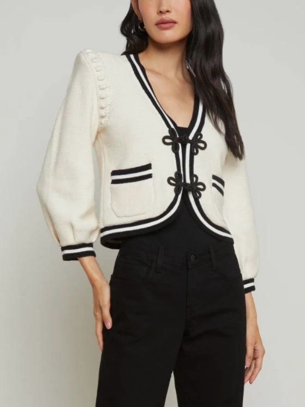 L'Agence Kaito Cropped Cardigan in Ivory with Black Trims